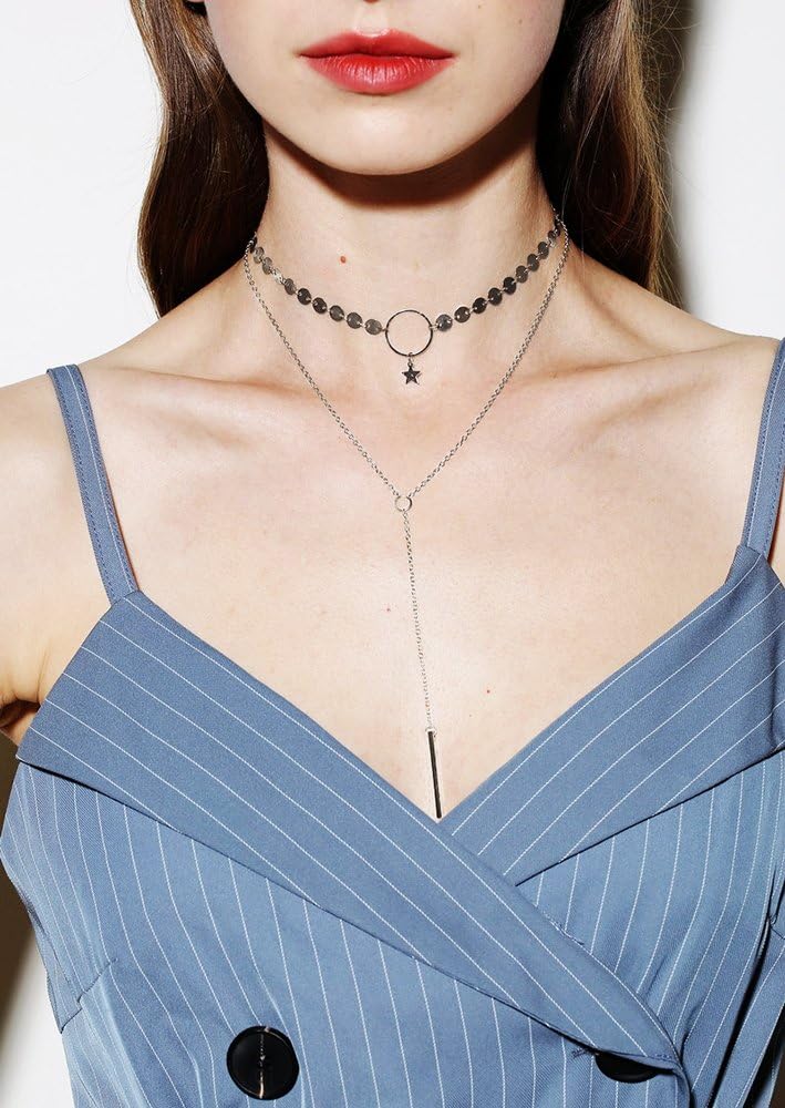 Suyi Stylish Layered Sequins Choker Necklace with Thin Long Chian Pendant for Women Lady - Image 5
